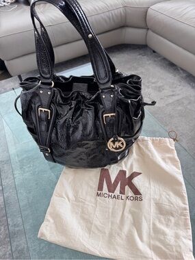 Michael Kors Black Patent Leather Shoulder Bag with MK Charm